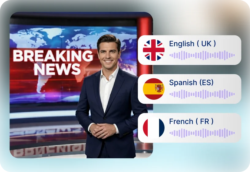 Generate AI news reporter video in 10+ languages with natural human voices and accents.